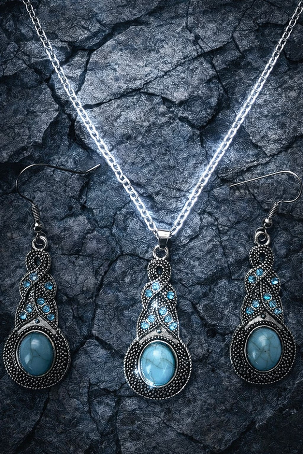 Bohemian Style Alloy & Synthetic Turquoise Pendant Necklaces & Dangle Earrings Sets