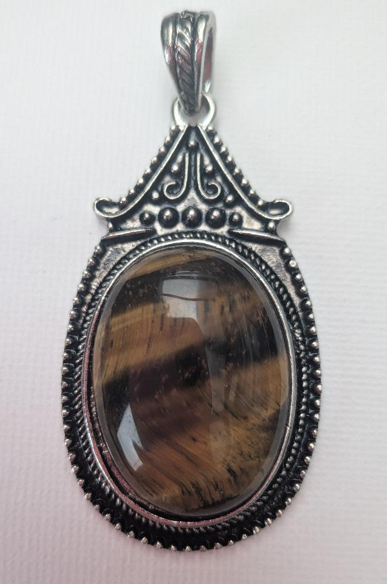 Oval Antique Silver Zinc Alloy Natural Tiger Eye Big Pendant, Nickel Free & Lead Free