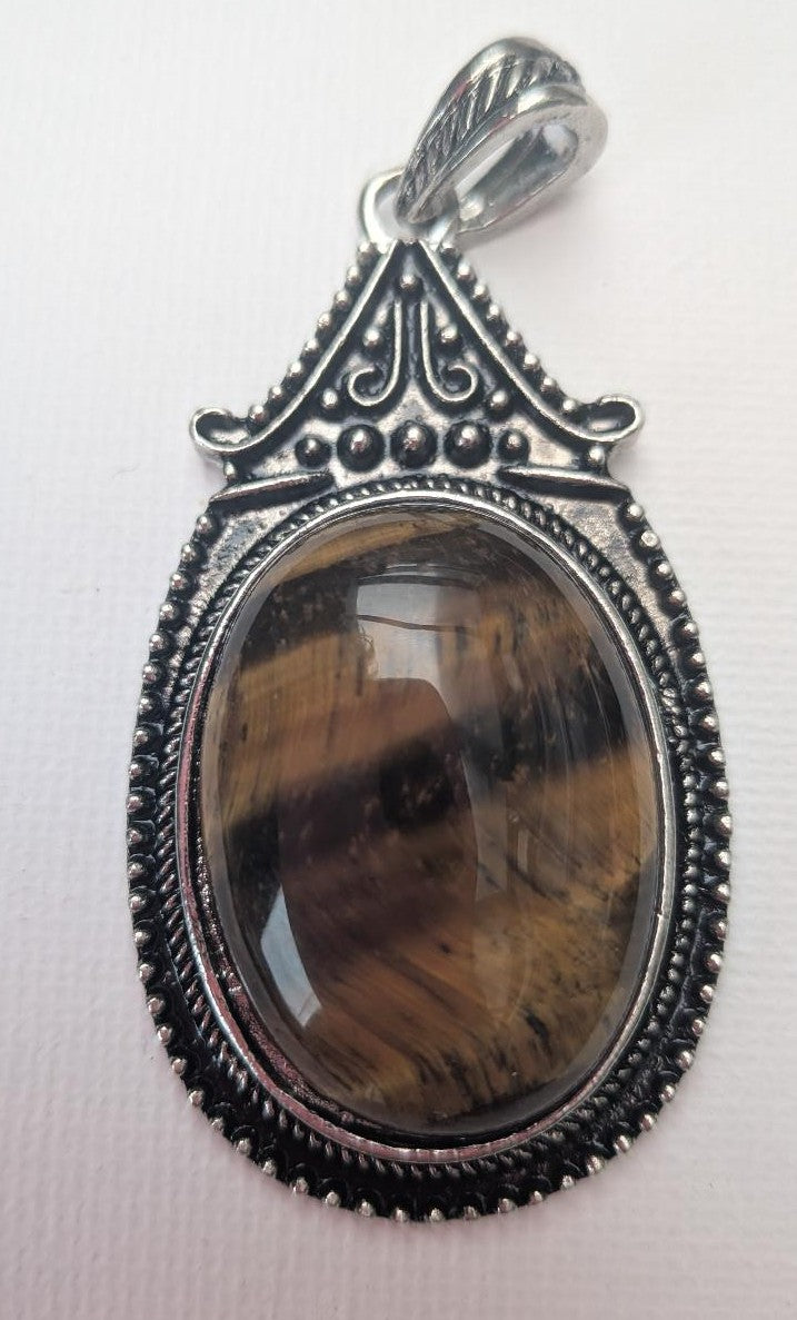 Oval Antique Silver Zinc Alloy Natural Tiger Eye Big Pendant, Nickel Free & Lead Free