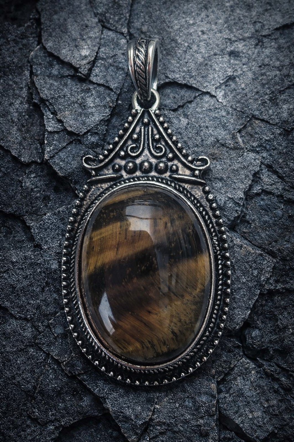 Oval Antique Silver Zinc Alloy Natural Tiger Eye Big Pendant, Nickel Free & Lead Free