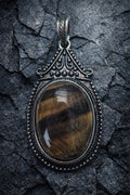 Oval Antique Silver Zinc Alloy Natural Tiger Eye Big Pendant, Nickel Free & Lead Free