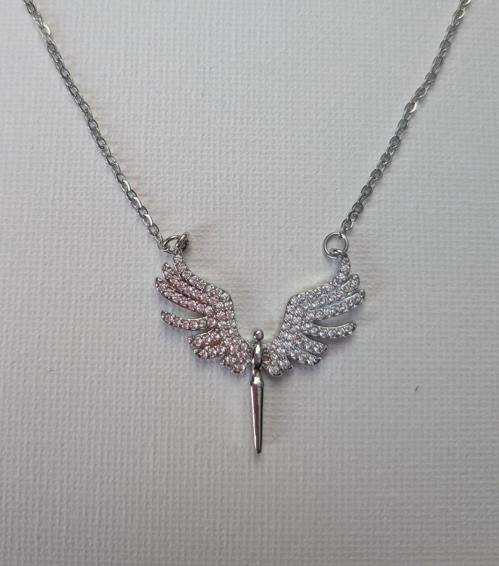 Elegant Angel Wing Pendant Necklace, Stainless Steal Chain with White Zircon Crystal