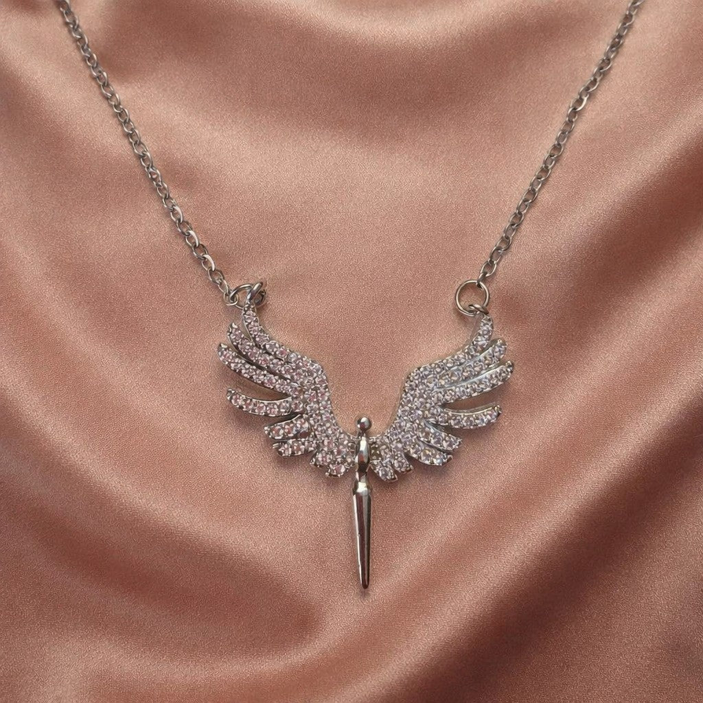 Elegant Angel Wing Pendant Necklace, Stainless Steal Chain with White Zircon Crystal