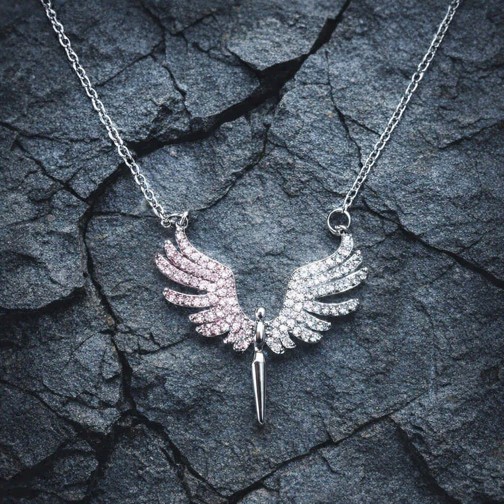 Elegant Angel Wing Pendant Necklace, Stainless Steal Chain with White Zircon Crystal