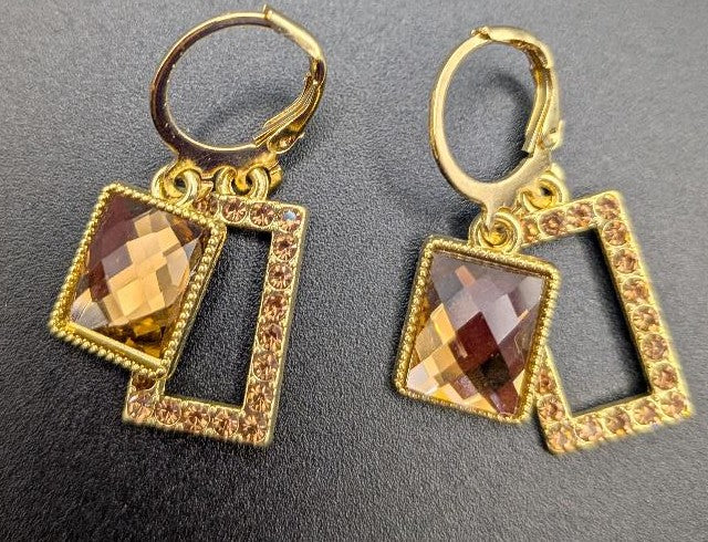 Rectangle Alloy Glass Hoop Earrings – Golden Elegance with Rhinestone Detail
