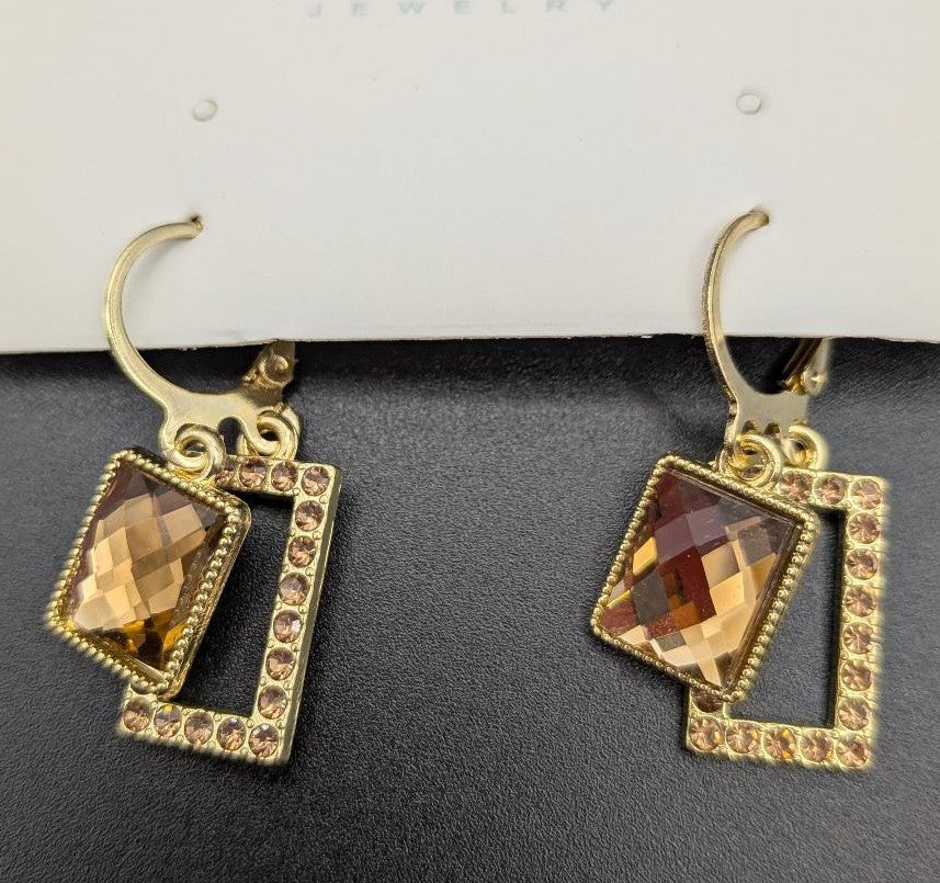 Rectangle Alloy Glass Hoop Earrings – Golden Elegance with Rhinestone Detail