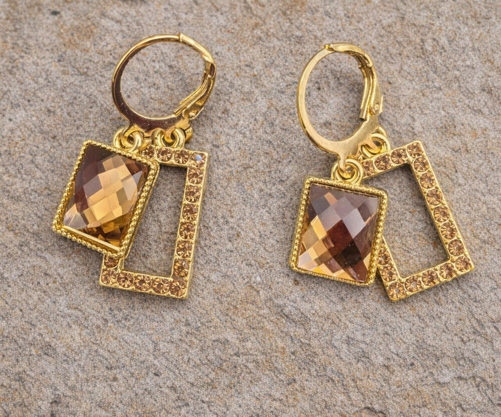 Rectangle Alloy Glass Hoop Earrings – Golden Elegance with Rhinestone Detail