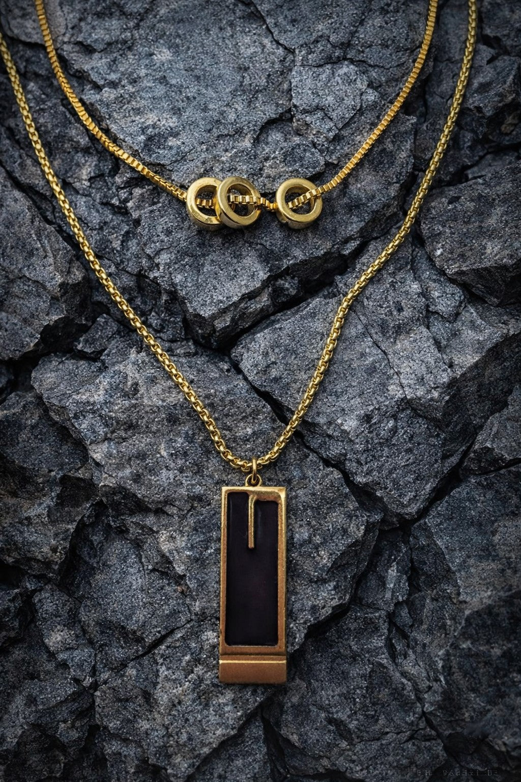 Double Layered Titanium Steel Necklace Rectangular Geometric Hollow Pendant
