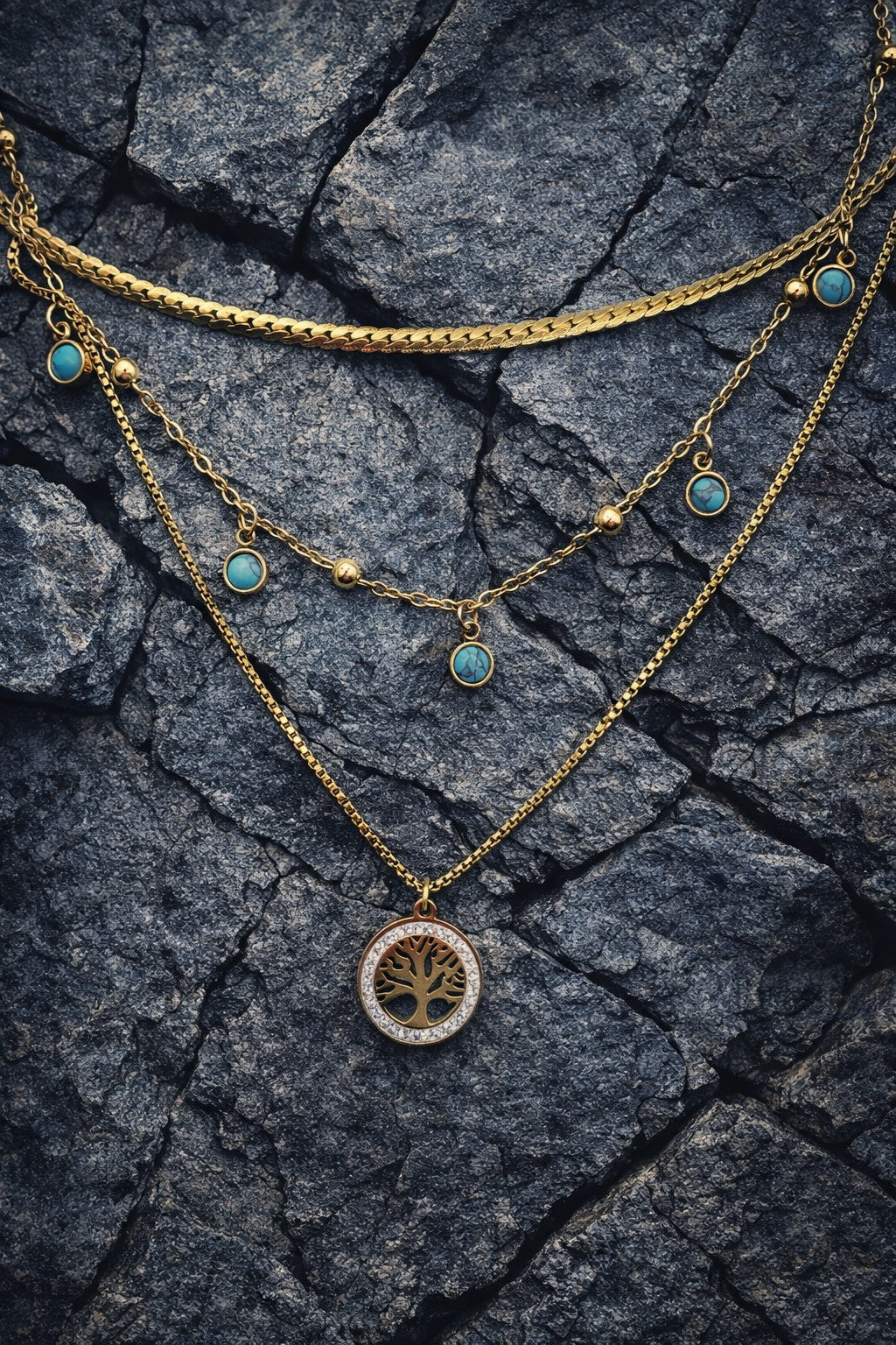 Collier triple épaisseur turquoise Arbre de Vie