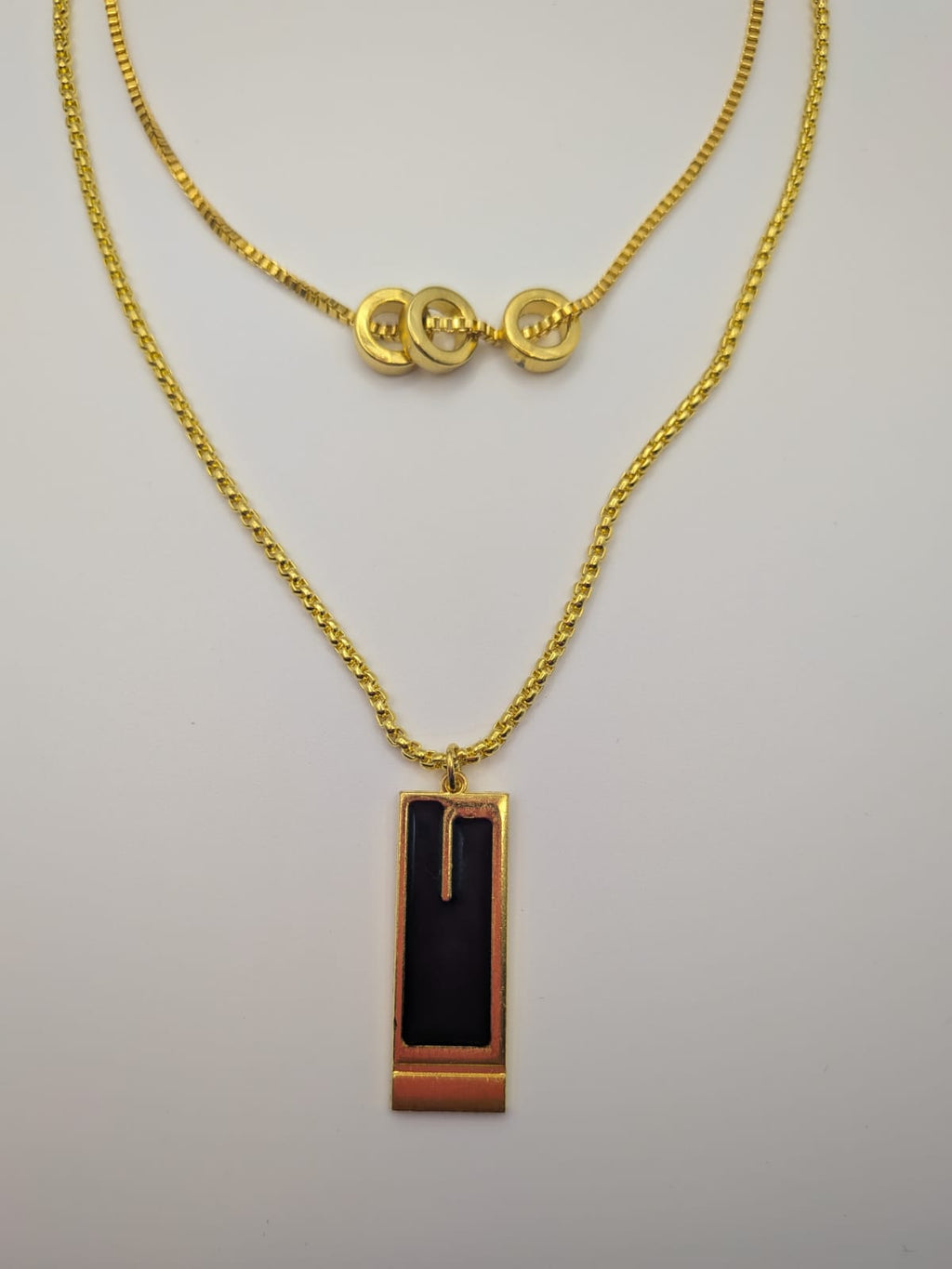 Double Layered Titanium Steel Necklace Rectangular Geometric Hollow Pendant