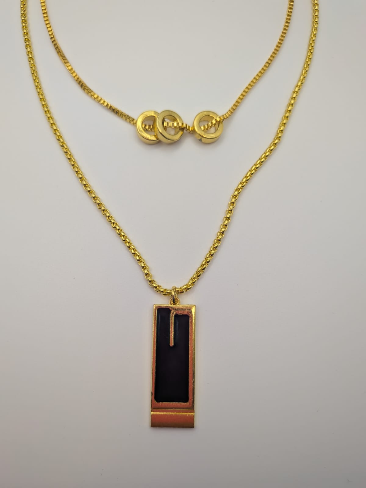 Double Layered Titanium Steel Necklace Rectangular Geometric Hollow Pendant
