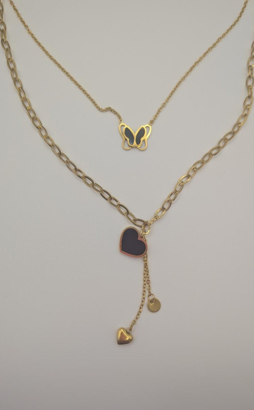 Stainless Steel Layered Necklace Butterfly & Heart Design