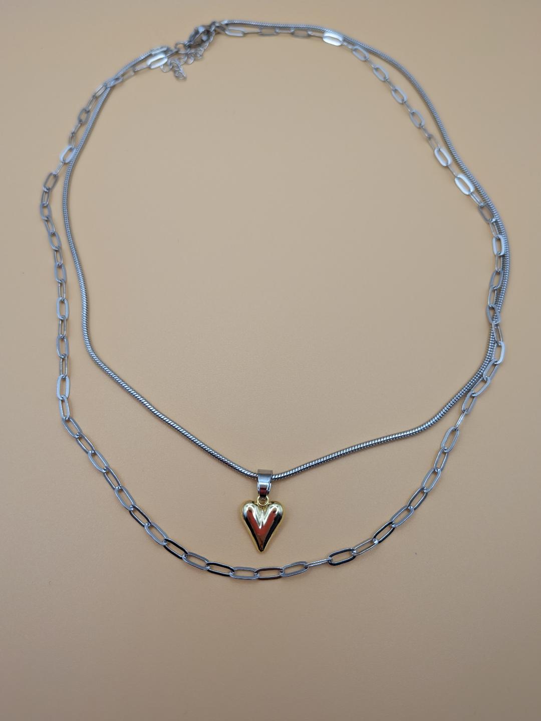 Twin Chains of Love Necklace Stainless Steel Pointy love heart
