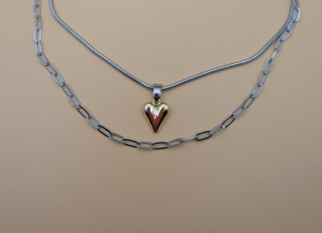 Twin Chains of Love Necklace Stainless Steel Pointy love heart