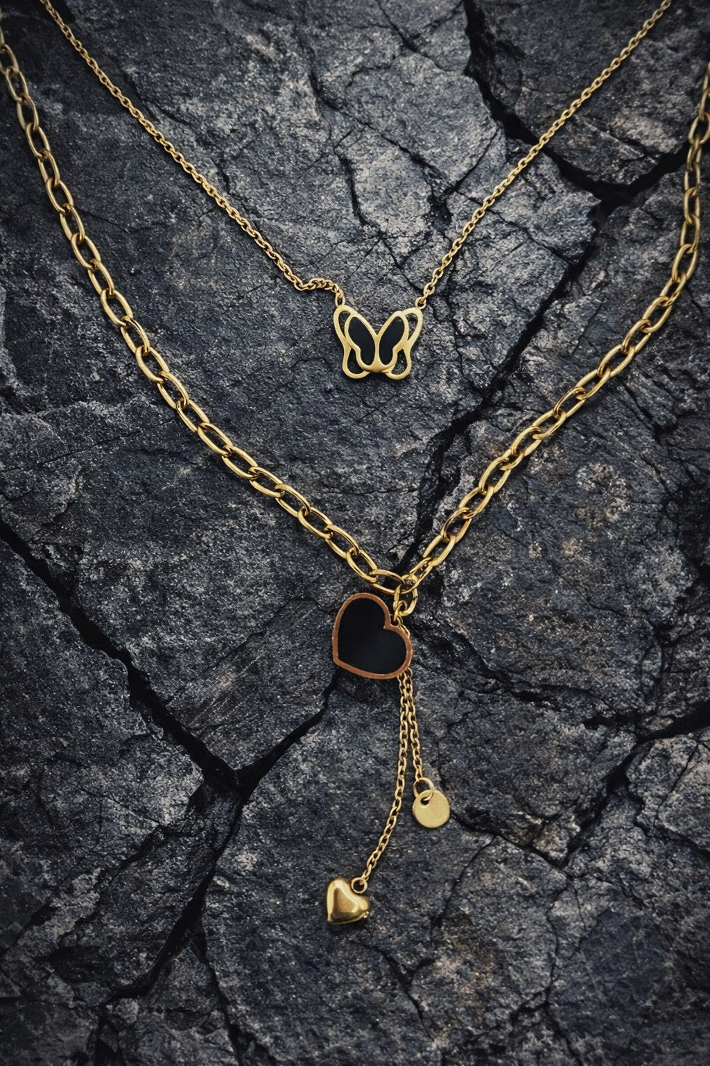 Stainless Steel Layered Necklace Butterfly & Heart Design