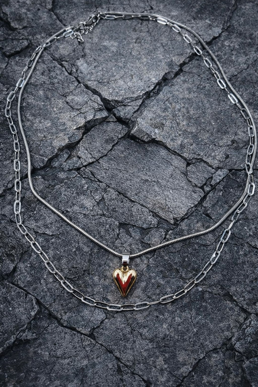 Twin Chains of Love Necklace Stainless Steel Pointy love heart