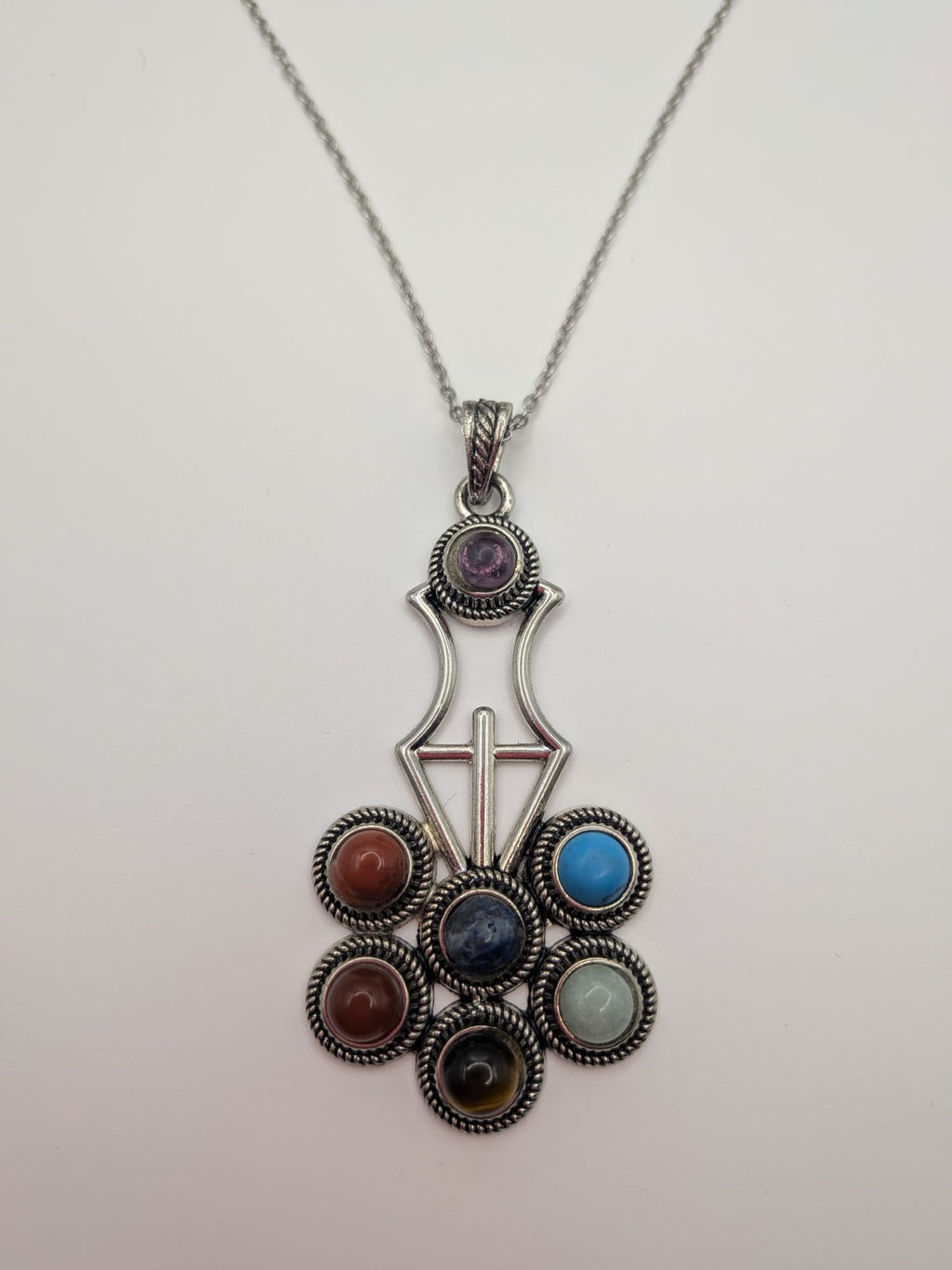 Boho Chakra Flower Pendant Necklace with 7 Gemstones, Meditation Jewellery Gem stone