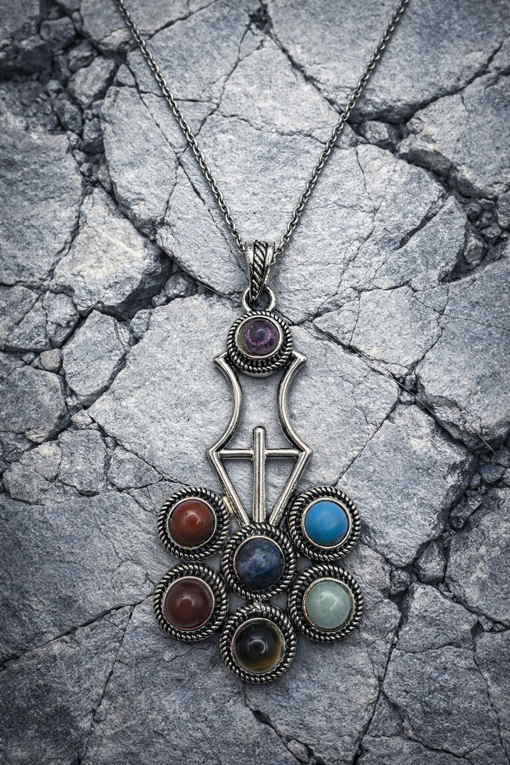 Boho Chakra Flower Pendant Necklace with 7 Gemstones, Meditation Jewellery Gem stone