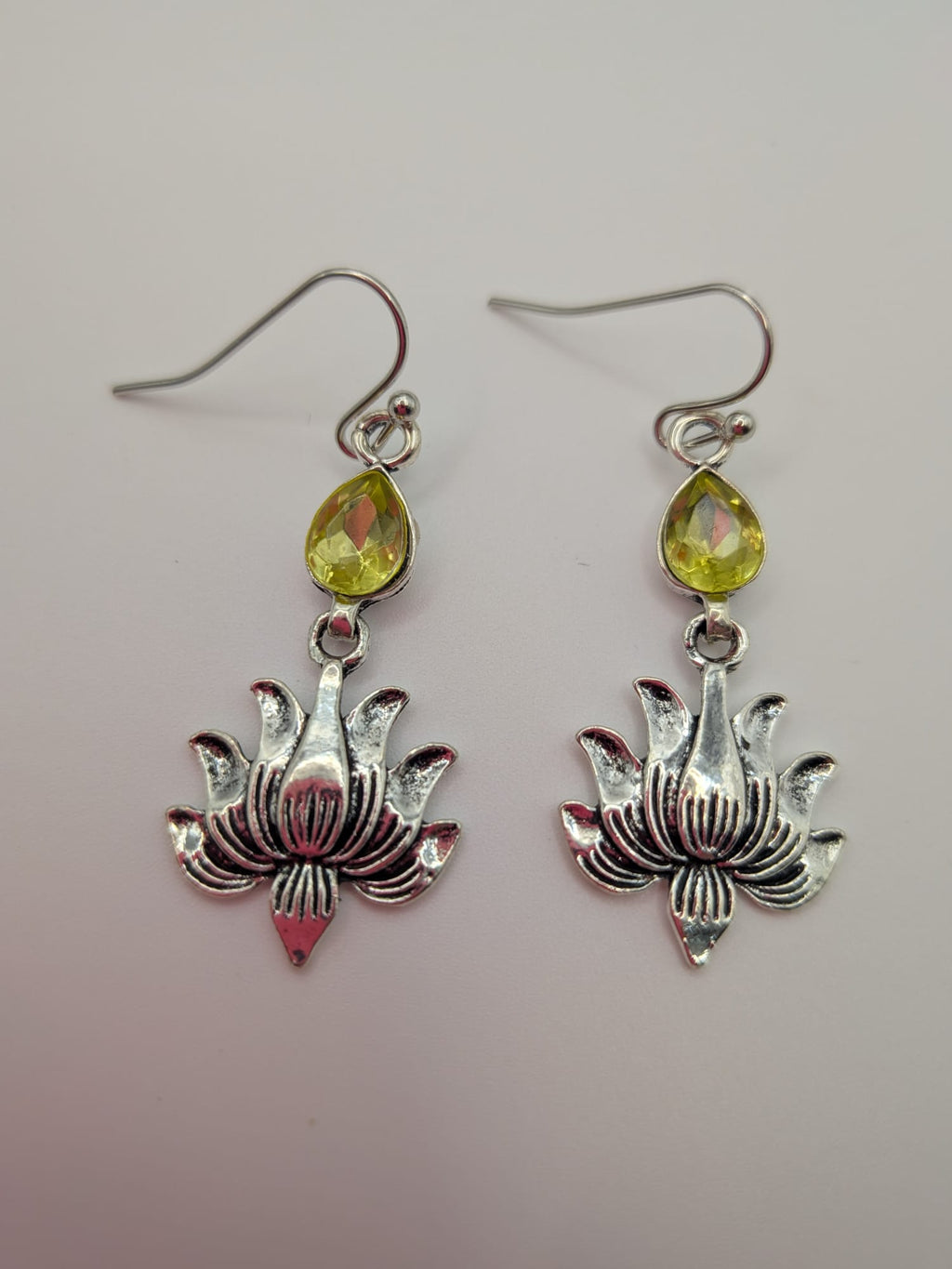 Boho Bohemian Alloy Rhinestone Dangle Earrings – Teardrop with Lotus, Antique Silver, Light Topaz