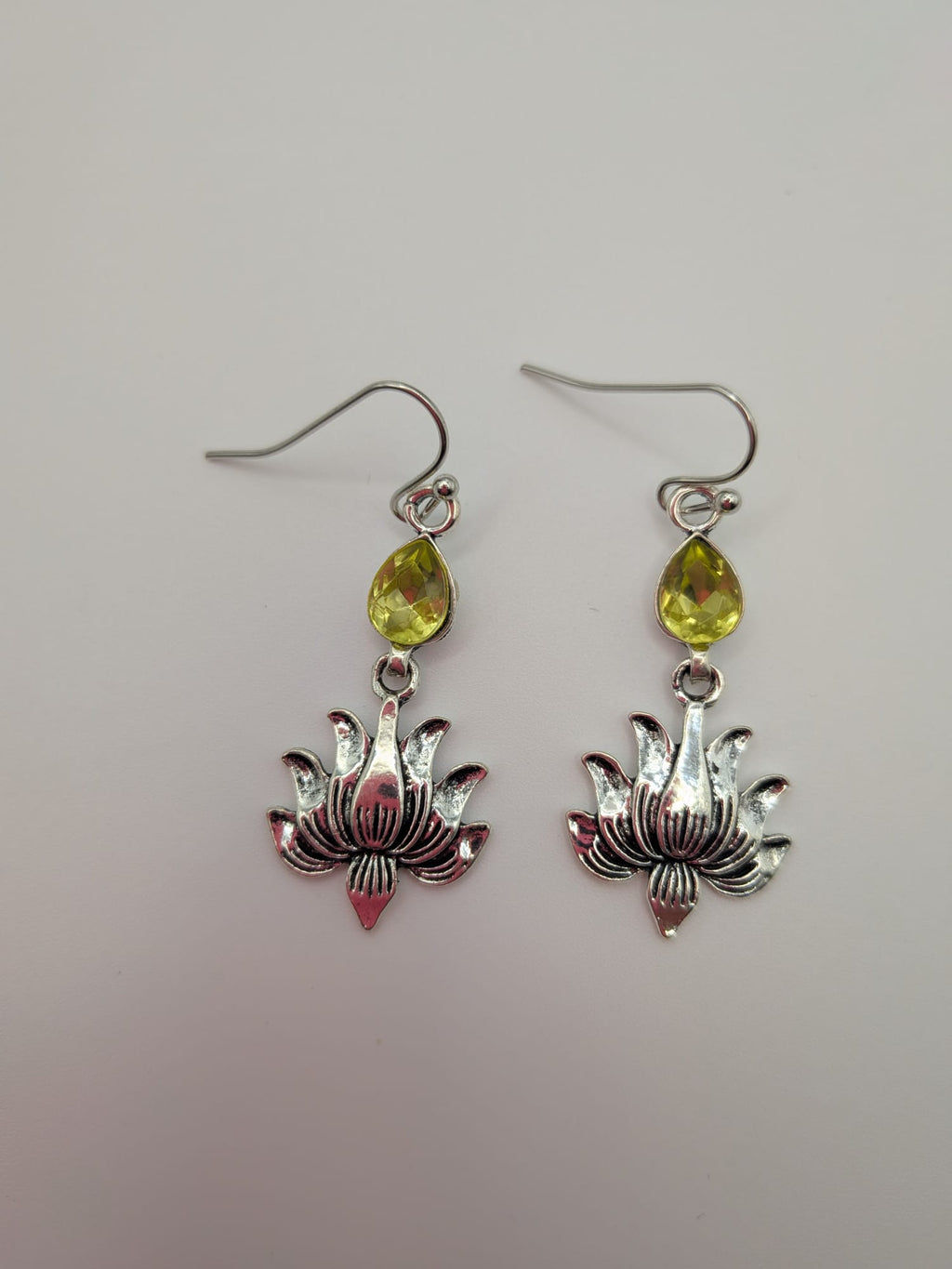 Boho Bohemian Alloy Rhinestone Dangle Earrings – Teardrop with Lotus, Antique Silver, Light Topaz