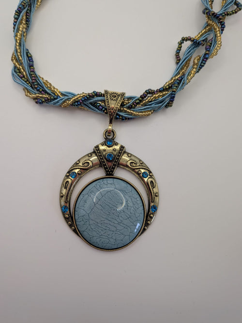 Bohemian Style Flat Round Alloy & Resin Imitation Gems Pendant Necklace