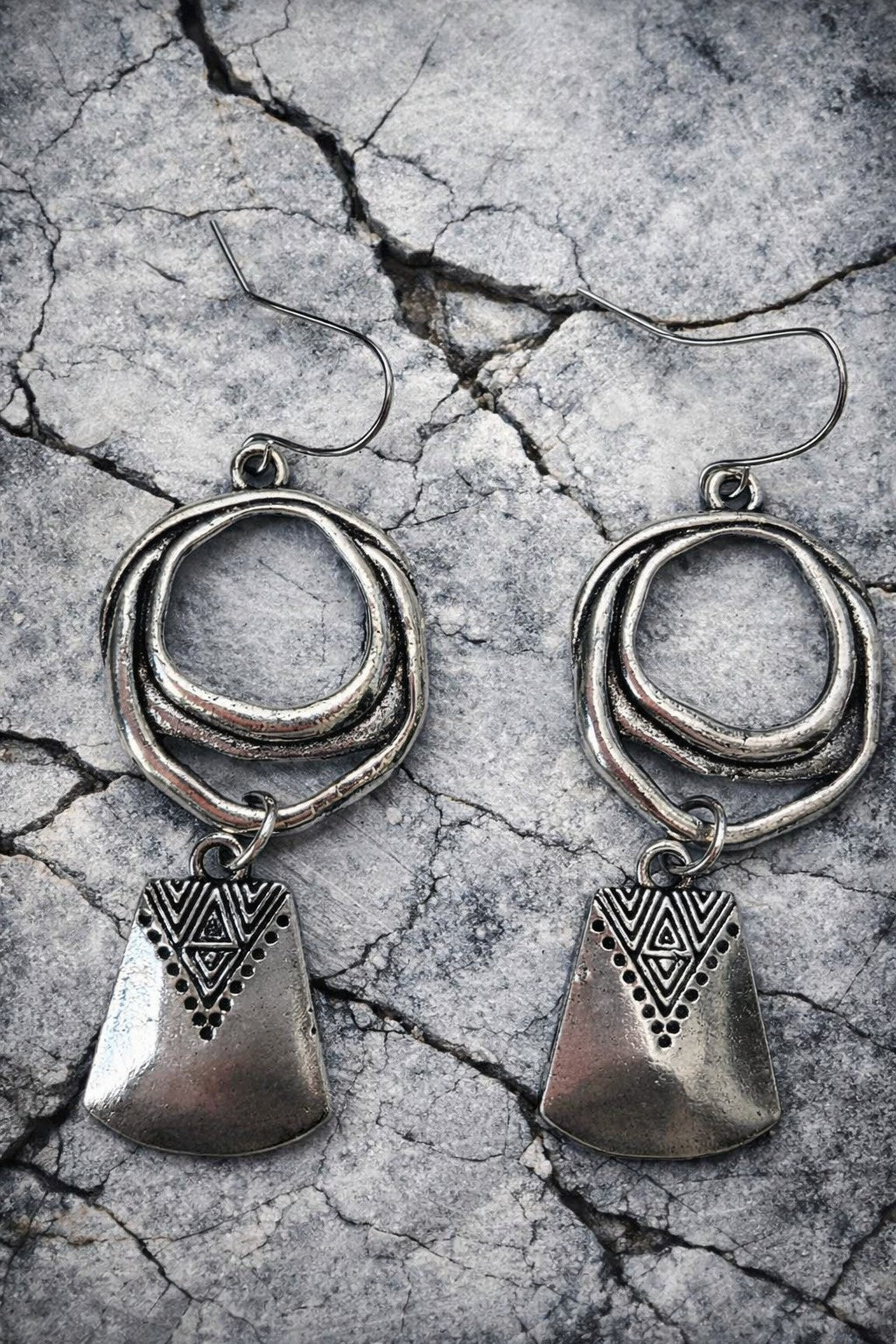 Boho - Bohemian Style Ring with Trapezoid Alloy Dangle Earrings Silver Colour