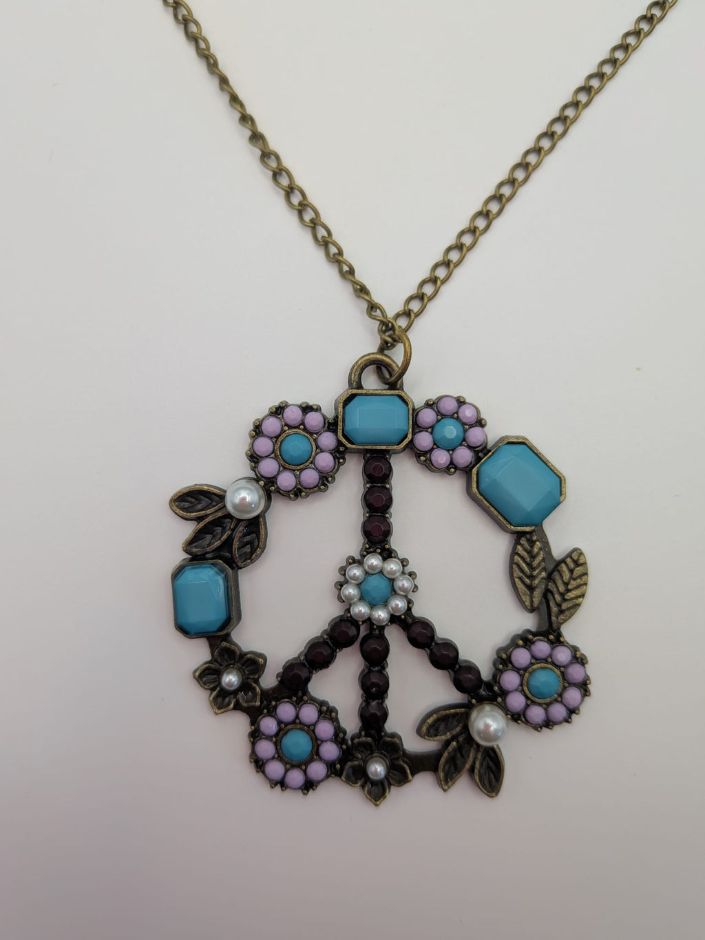 Bohemian Flower Peace Sign Pendant Necklace – Antique Bronze, Plum