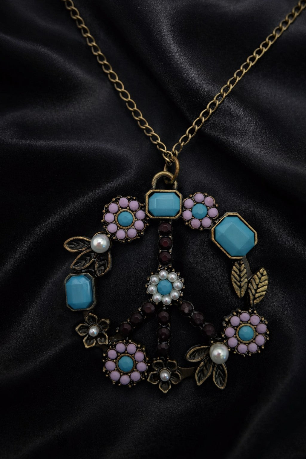 Bohemian Flower Peace Sign Pendant Necklace – Antique Bronze, Plum