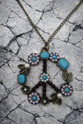 Bohemian Flower Peace Sign Pendant Necklace – Antique Bronze, Plum