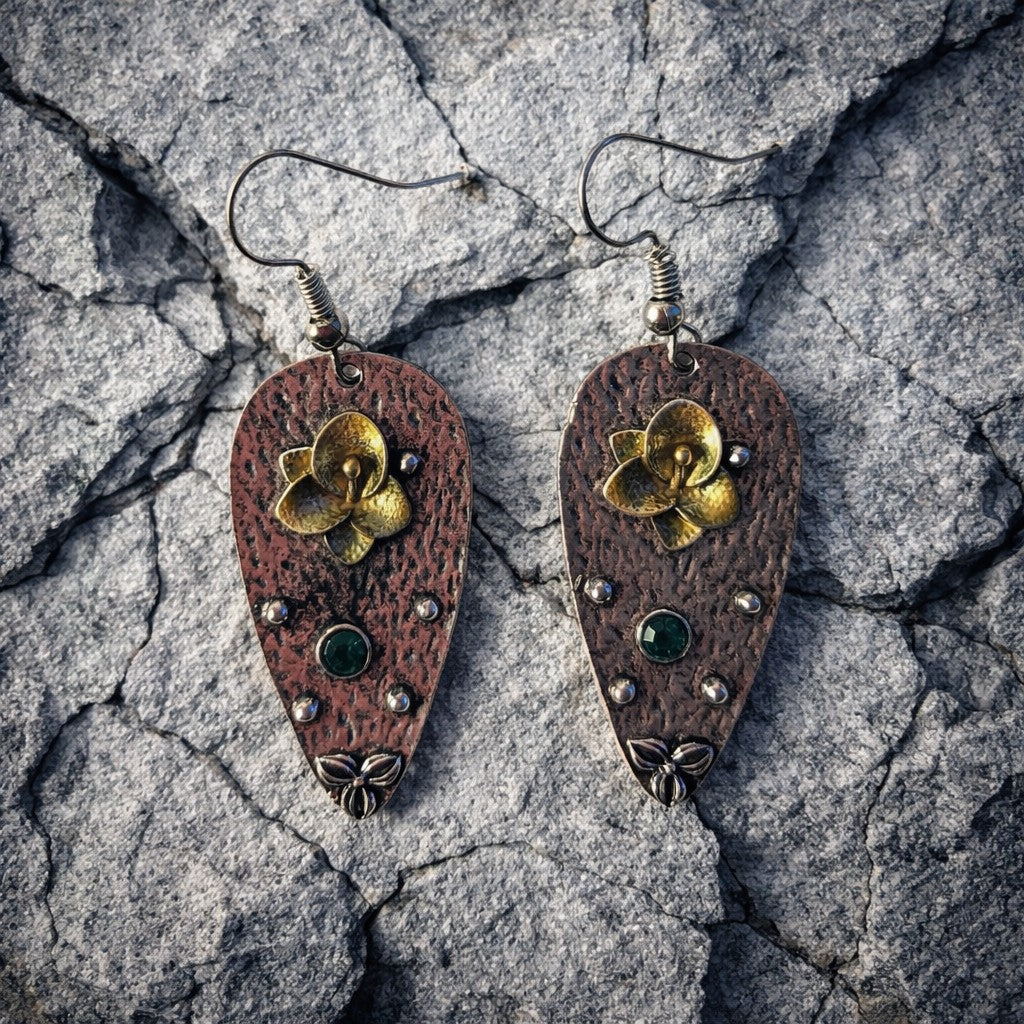 Alloy & Rhinestone Dangle Earrings – Teardrop with Flower Pattern, Antique Silver