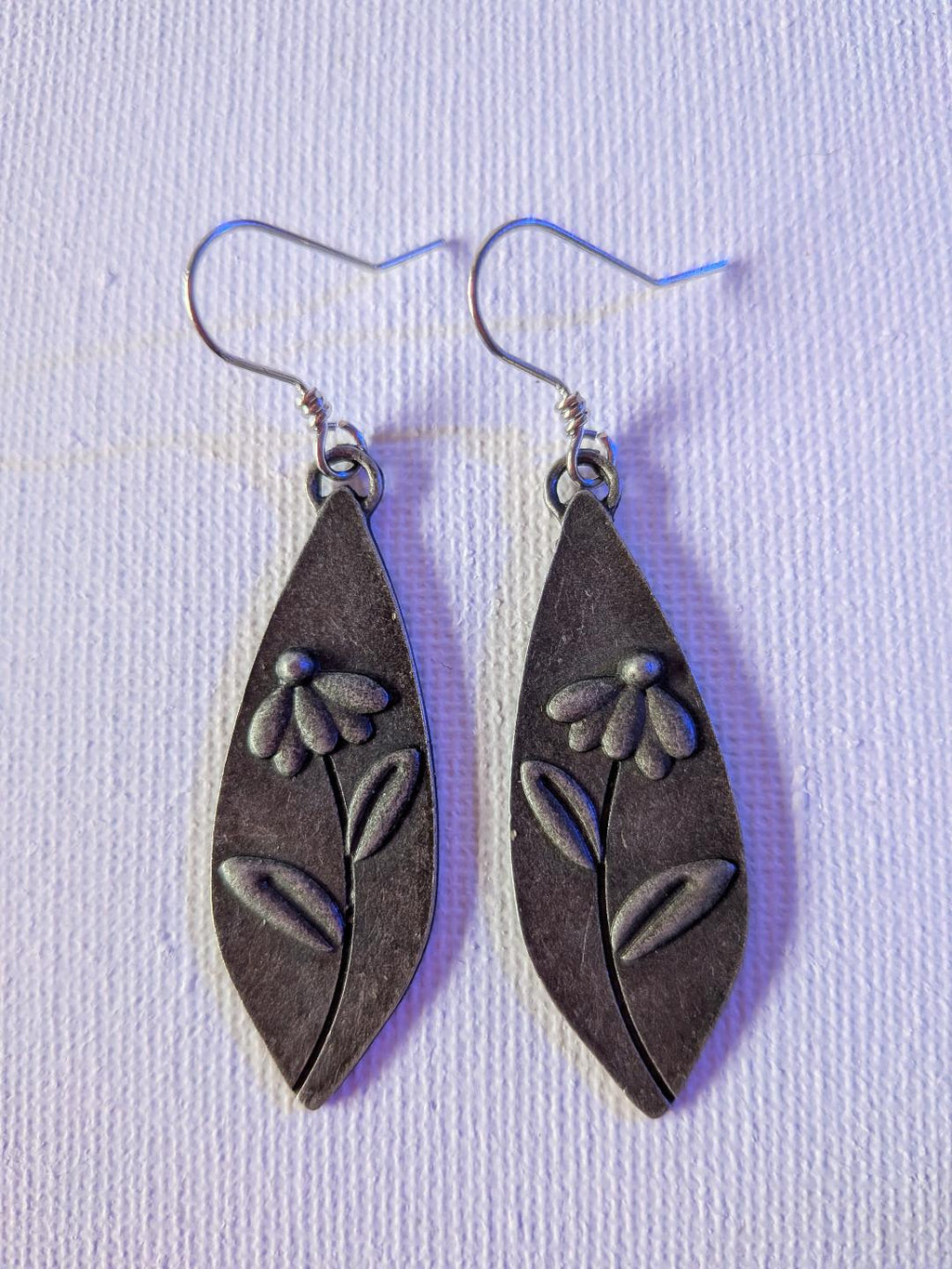 Alloy Dangle Earrings – Leaf with Flower, Antique Silver