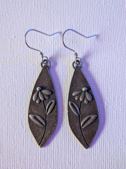 Alloy Dangle Earrings – Leaf with Flower, Antique Silver
