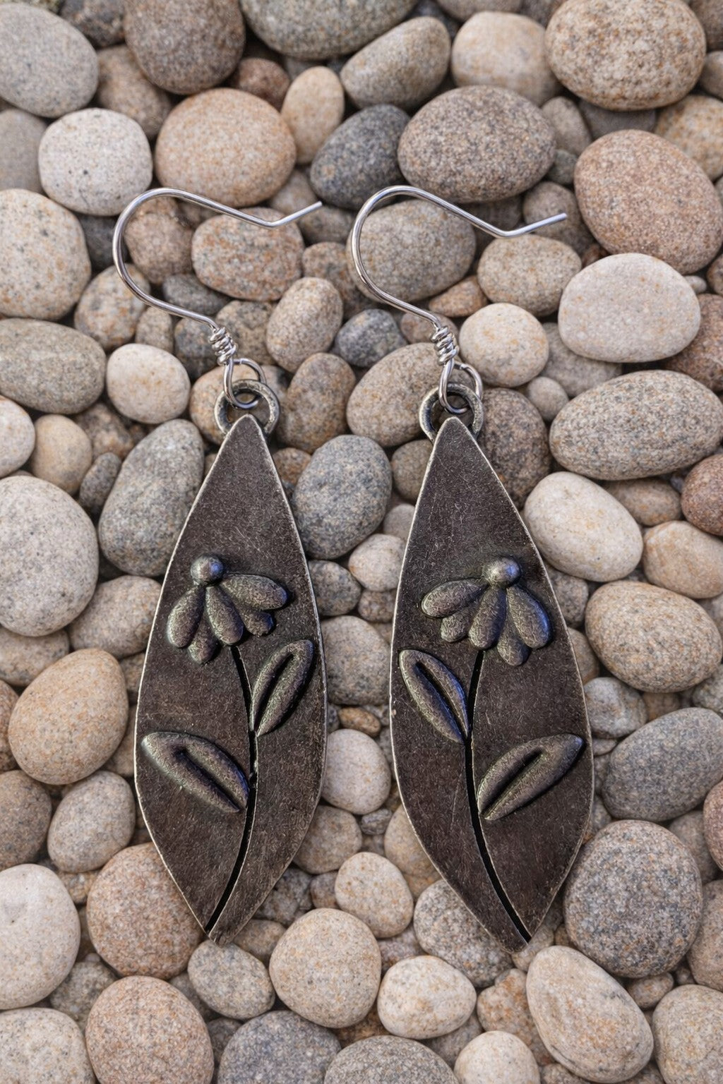 Alloy Dangle Earrings – Leaf with Flower, Antique Silver