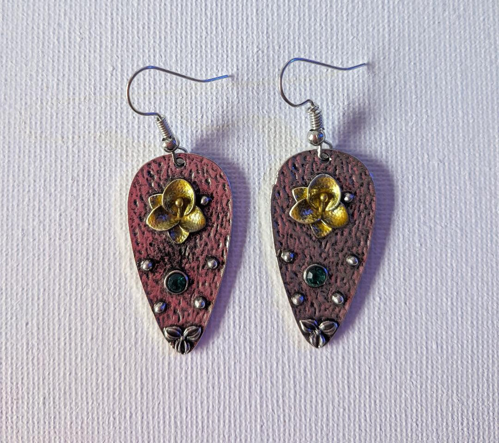 Alloy & Rhinestone Dangle Earrings – Teardrop with Flower Pattern, Antique Silver