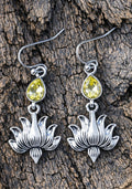 Boho Bohemian Alloy Rhinestone Dangle Earrings – Teardrop with Lotus, Antique Silver, Light Topaz