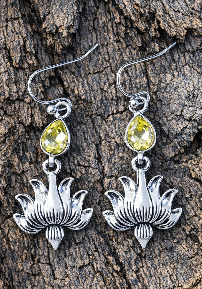 Boho Bohemian Alloy Rhinestone Dangle Earrings – Teardrop with Lotus, Antique Silver, Light Topaz